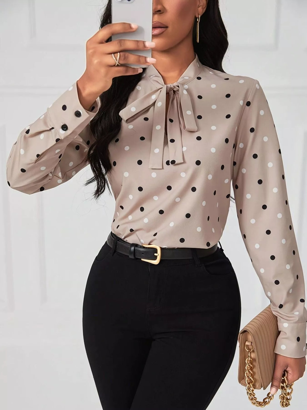 Dust Storm polka dot blouse with long sleeves and tie neckline