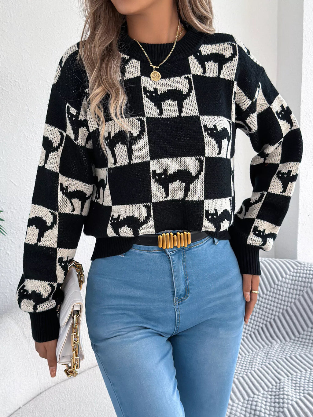 Women’s Halloween cat sweater in khaki beige and black
