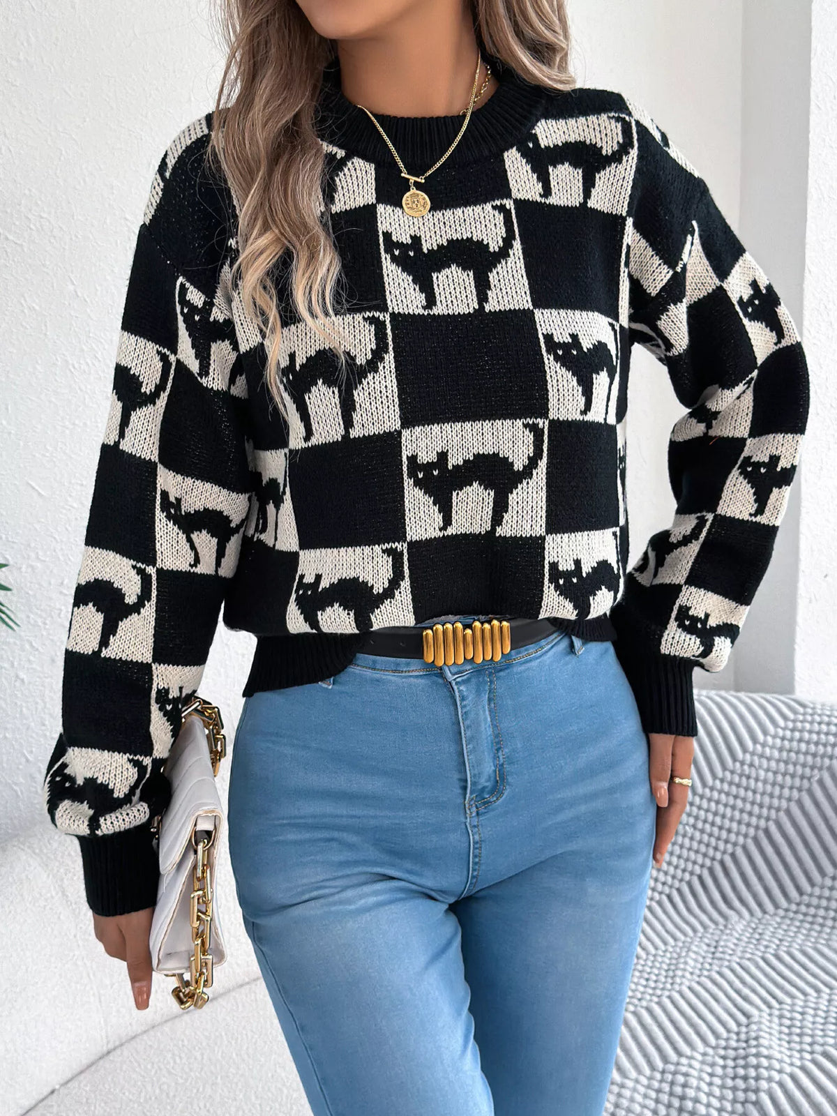 Women’s Halloween cat sweater in khaki beige and black