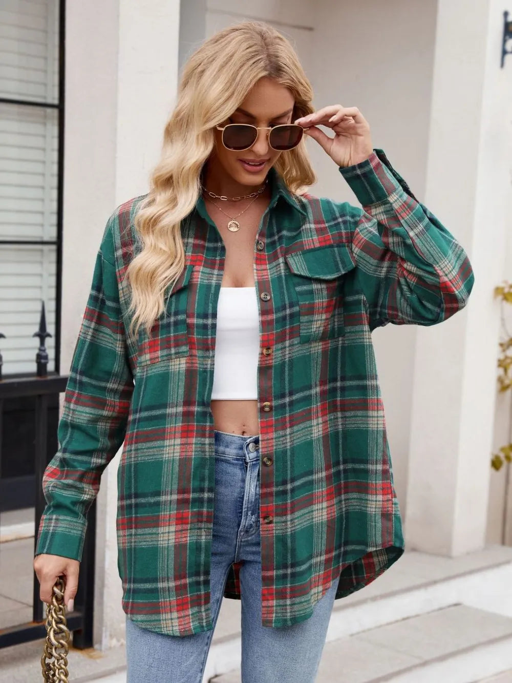 Plaid button-front long sleeve shirt for women