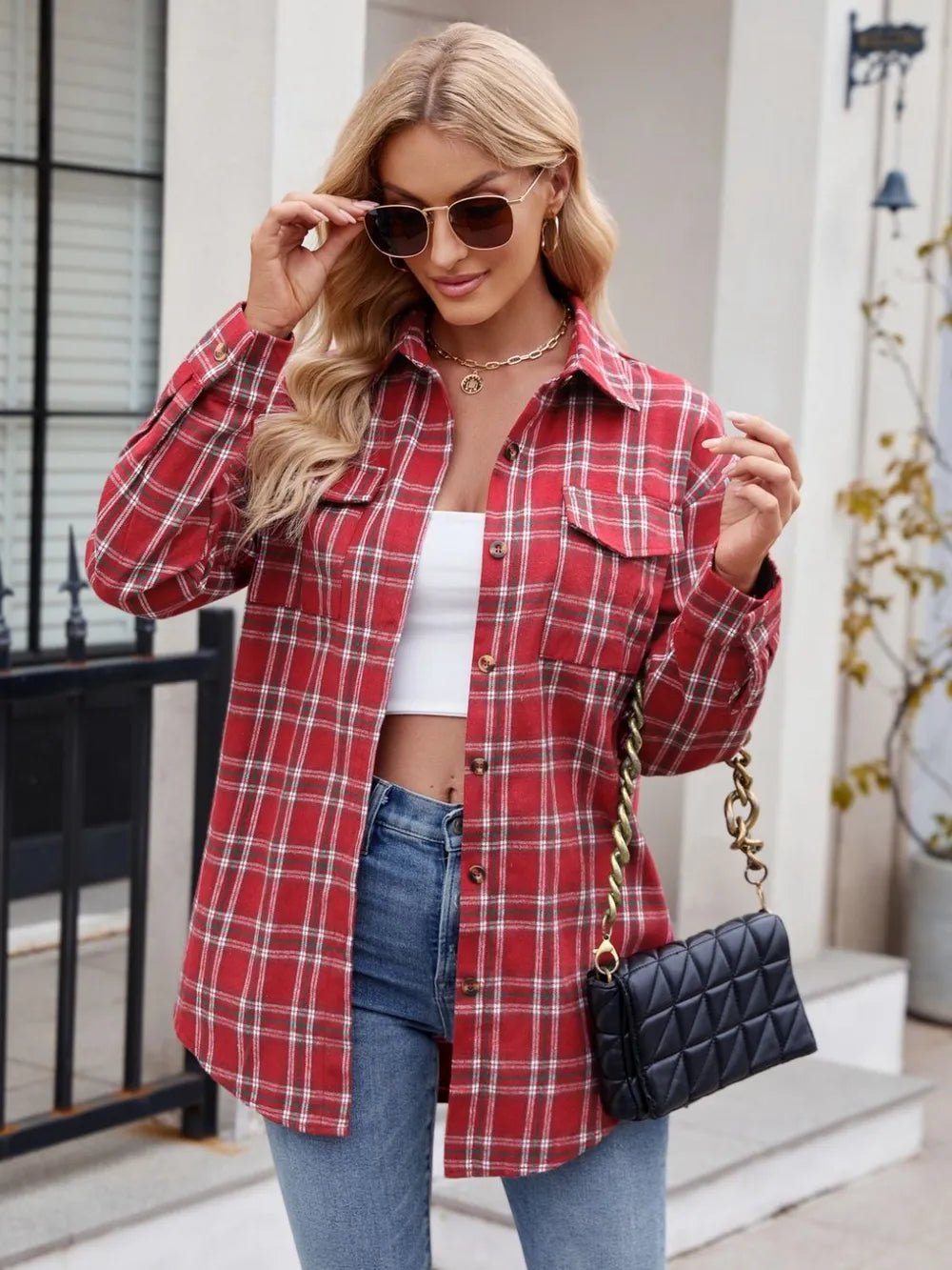 Women's plaid shirt styled open as an easy fall layer