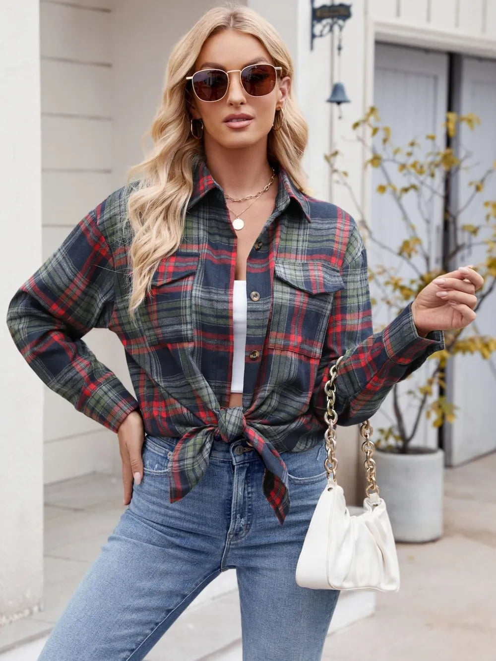 Long sleeve plaid button-up shirt for women, casual styling