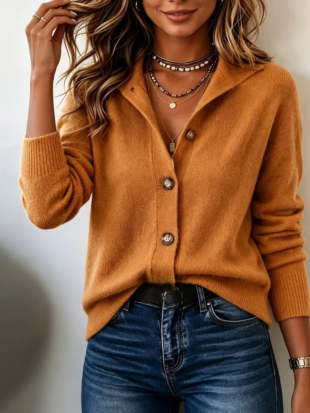 Women’s tangerine button-down knit cardigan styled for everyday layering