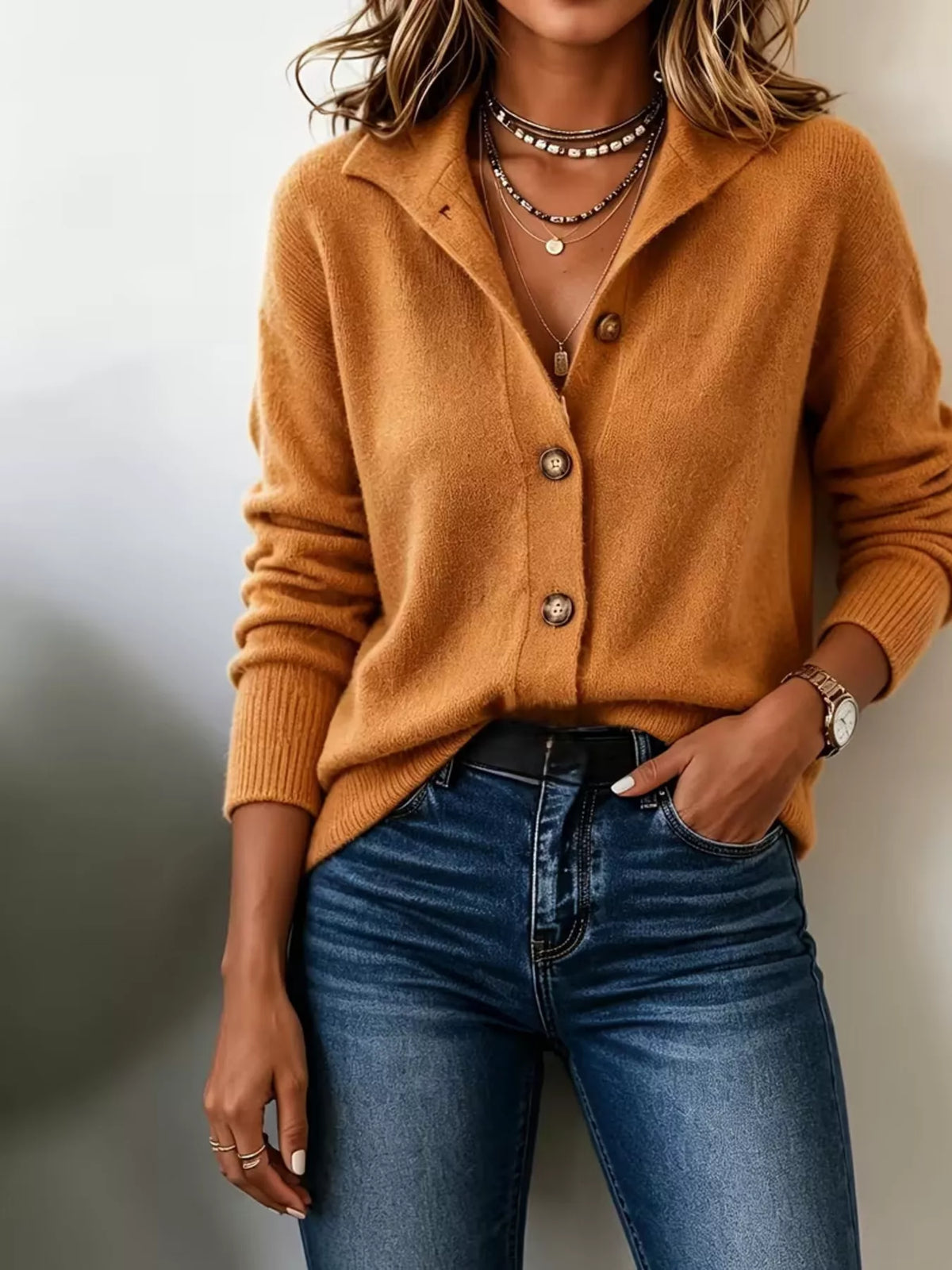 Women’s tangerine button-down knit cardigan showing button-front knit design